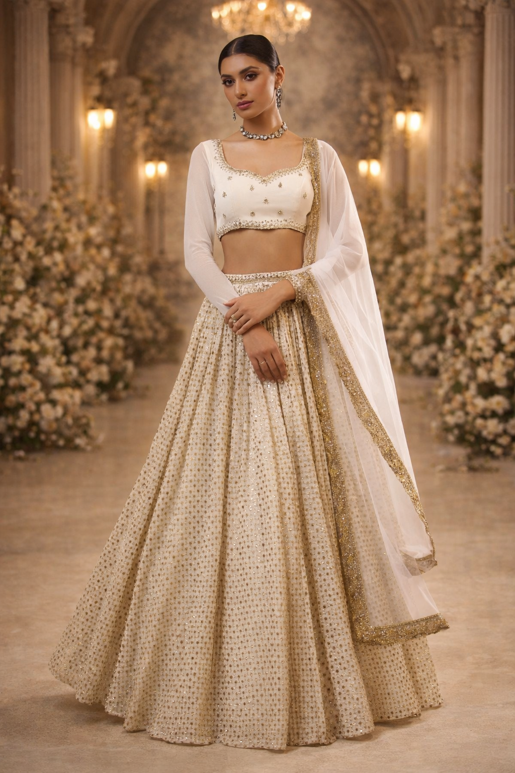 White Sequin Party Wear Lehenga for Women
