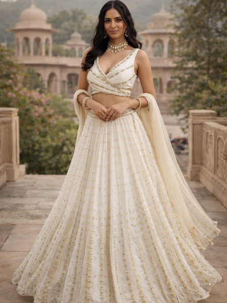 White Color Sequins Embroidery Work Designer Georgette Lehenga Choli