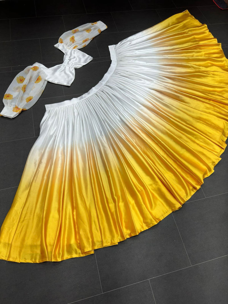 Yellow - White Haldi Designer Satin Silk Lehenga with Floral Print Top - Ahesas