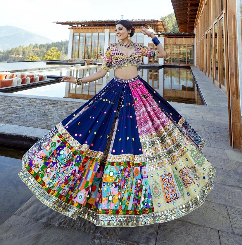 Blue  Color Muslin  With Digital Print Real Mirror Work Lehenga Choli