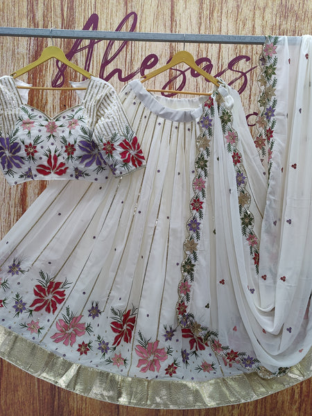 White Color Beautiful Sequins Embroidery Work Georgette Trendy Lehenga