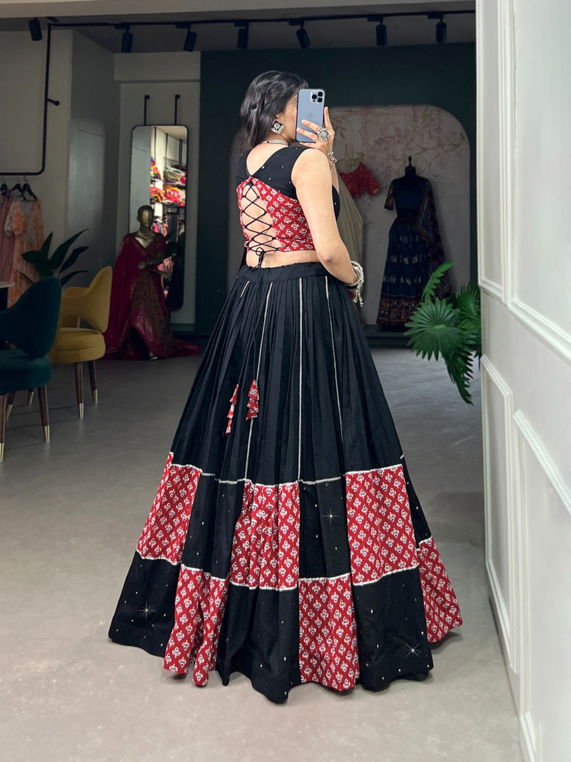 Black Color  Pure Cotton And Paper Mirror Hand Work With Gotta Patti Navratri  Special Lehenga Choli Set