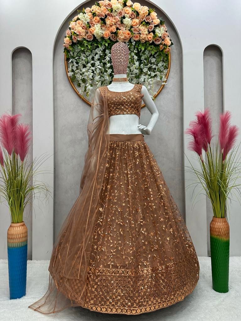 Golden Color Soft Net Wedding Wear Designer Lehenga