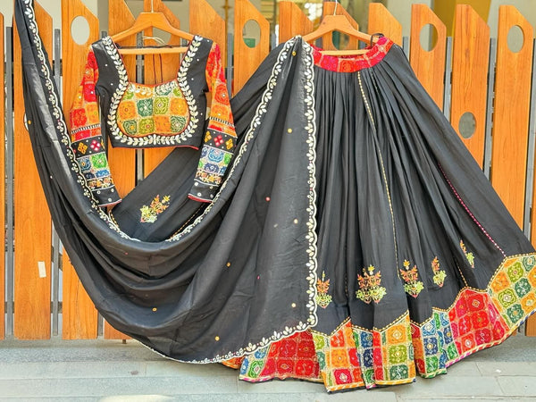 Black Color Digital Printed Designer Mirror Work Navratri Special Lehenga