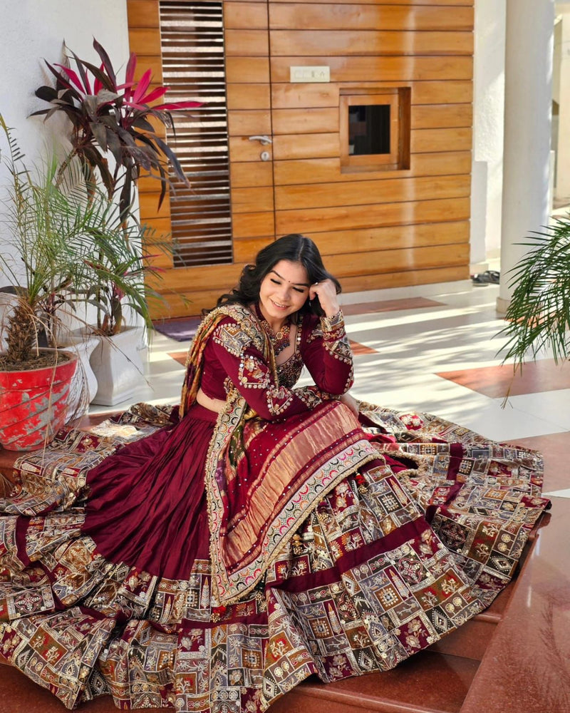 Red Color Mirror Work Digital Printed Cotton Lehenga Choli