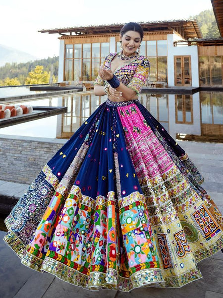 Blue  Color Muslin  With Digital Print Real Mirror Work Lehenga Choli