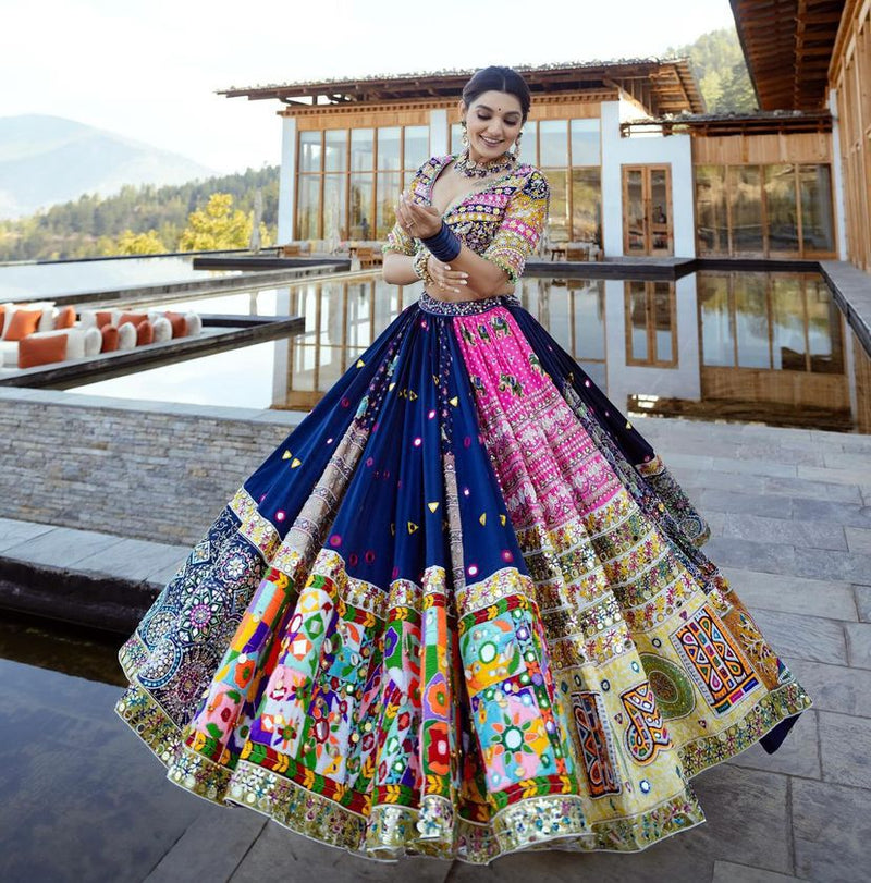 Blue  Color Muslin Cotton With Digital Print Real Mirror Work Lehenga Choli Set