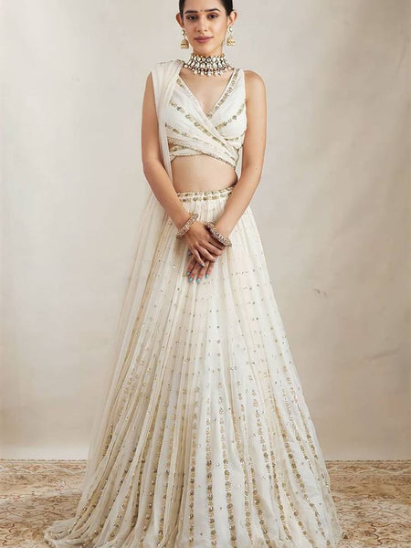 White Color Sequins Embroidery Work Designer Georgette Lehenga Choli