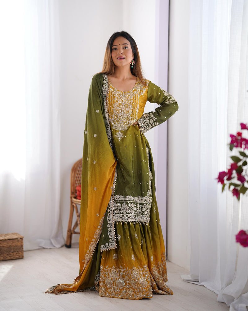 Green Color Codeing Dori with Sequins Work Sharara Suit