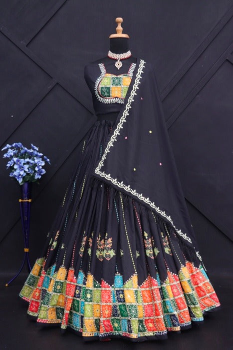 Black Color Digital Printed Designer Mirror Work Navratri Special Lehenga