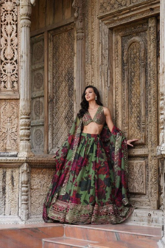 Green Color  with Digital Printed Thread with Sequins Work Lehenga Choli
