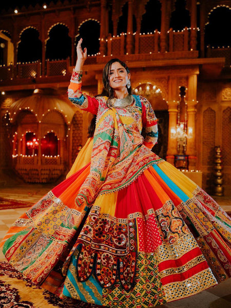 Geeta Rabari Wear Multi Color Digital Printed Mirror Work Muslin  Lehenga Choli