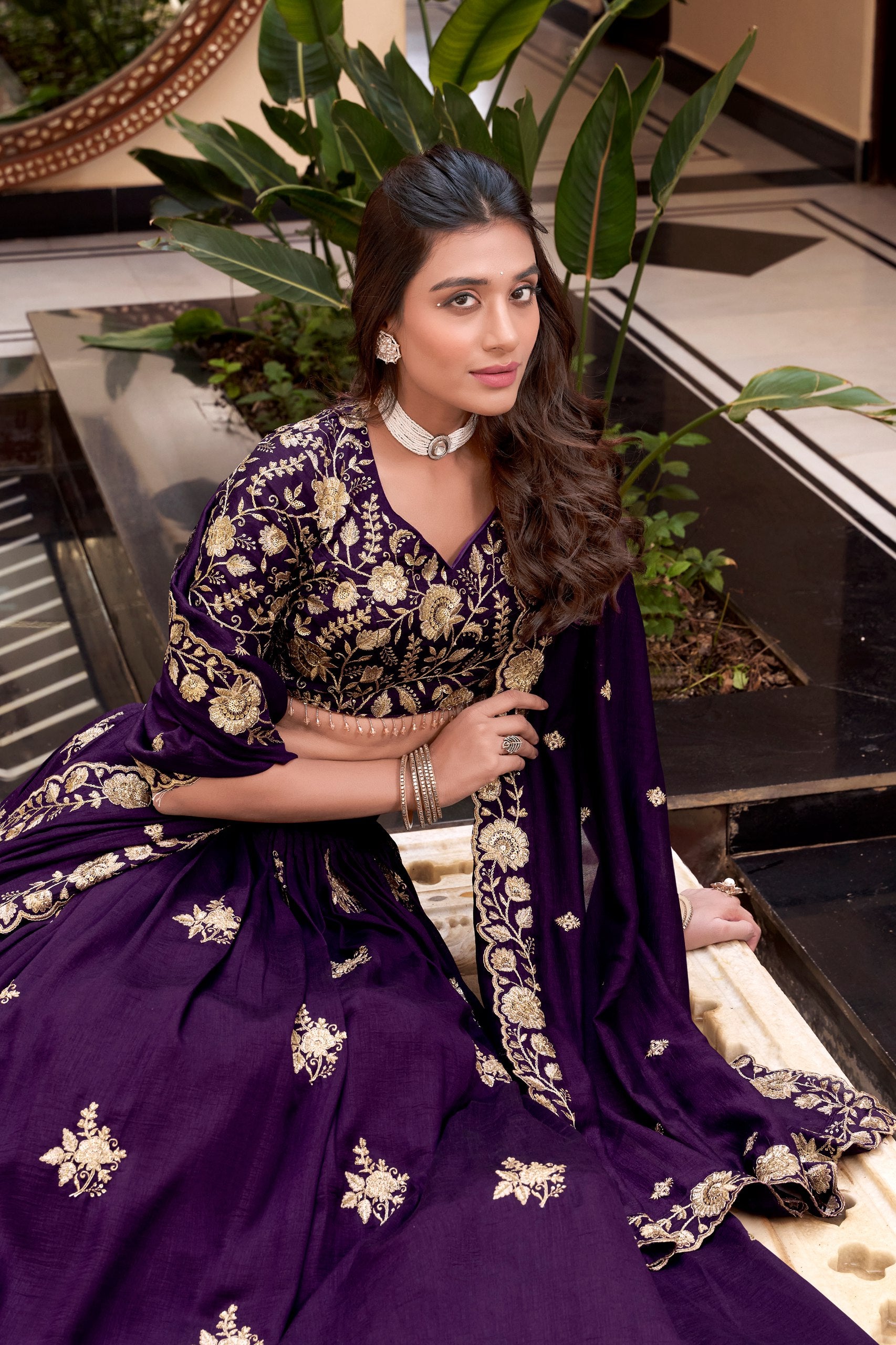 Dark Purple Color Sequins with Embroidery Work  Designer Lehenga Choli