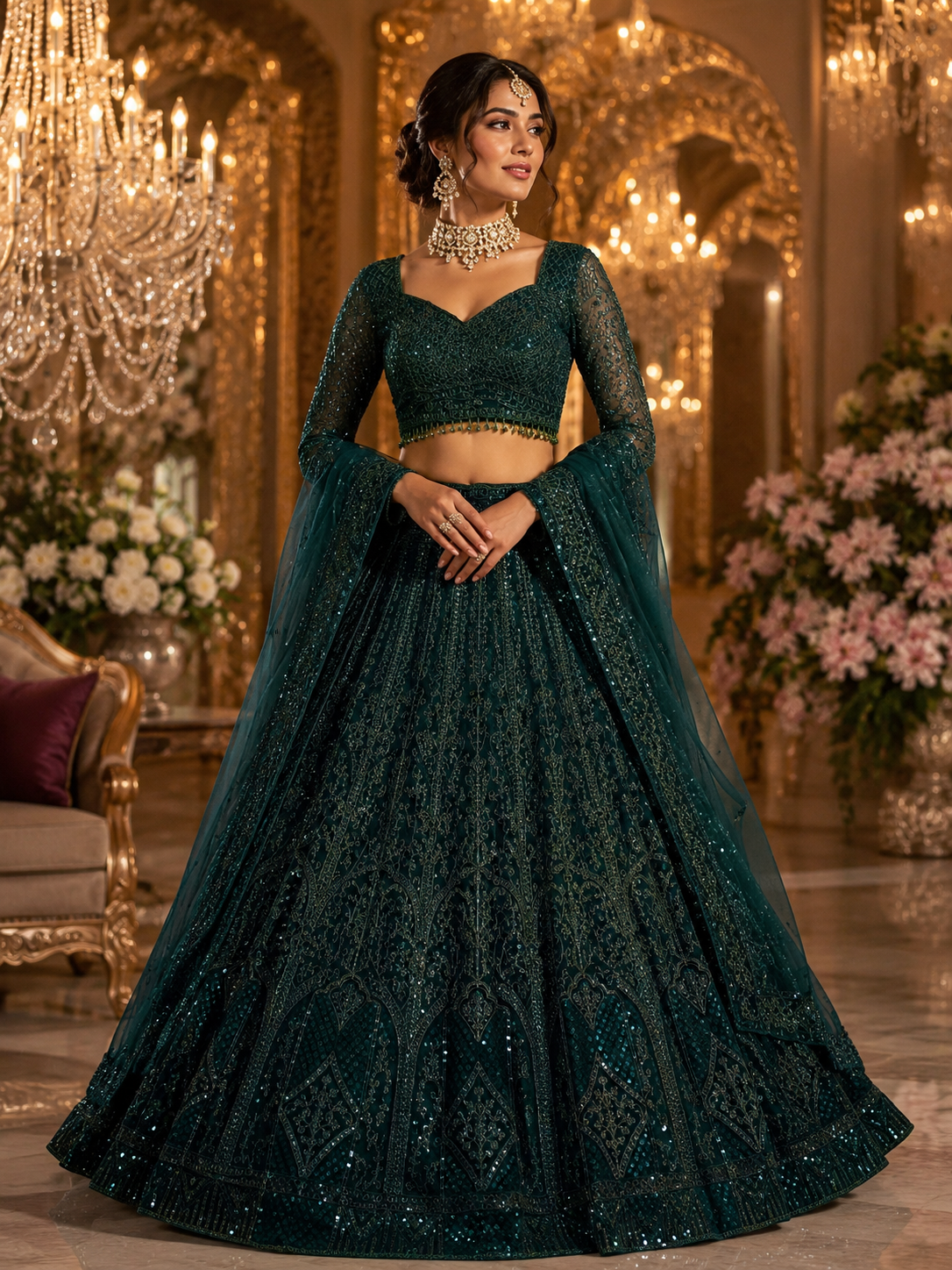 Green Wedding Designer Heavy Net Sequin Lehenga Choli