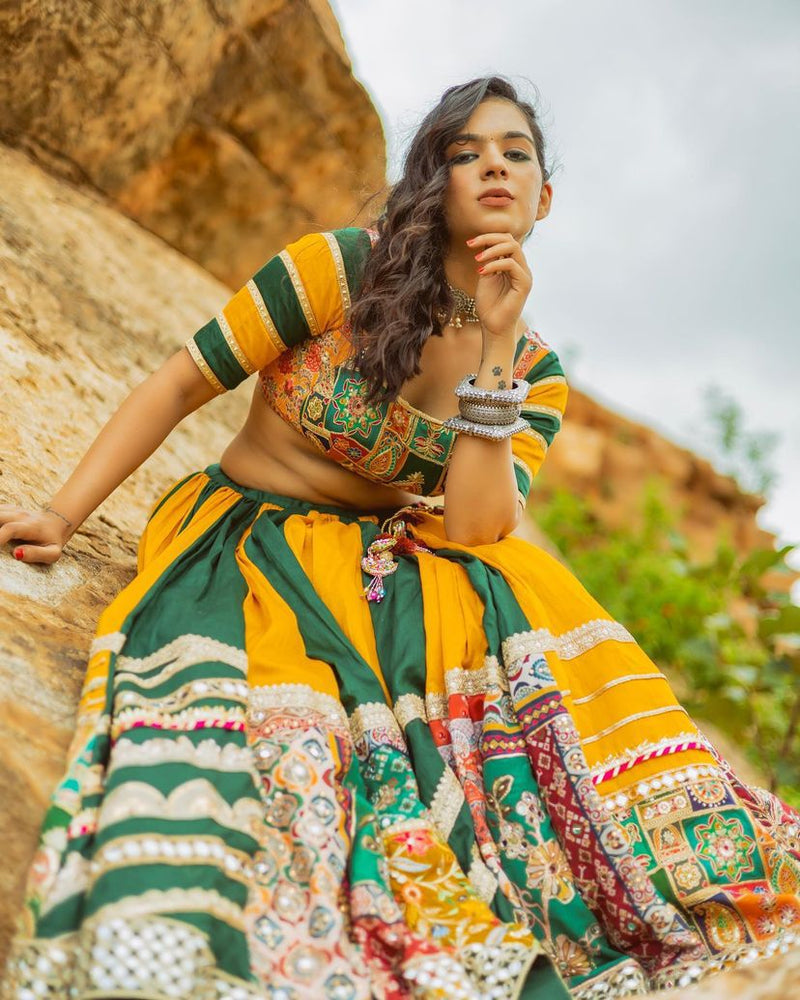 Yellow - Green Color Digital Printed Mirror Work Cotton Chaniya Choli