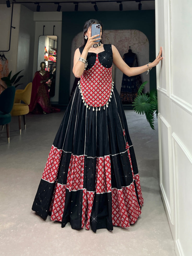 Black Color  Pure Cotton And Paper Mirror Hand Work With Gotta Patti Navratri  Special Lehenga Choli Set