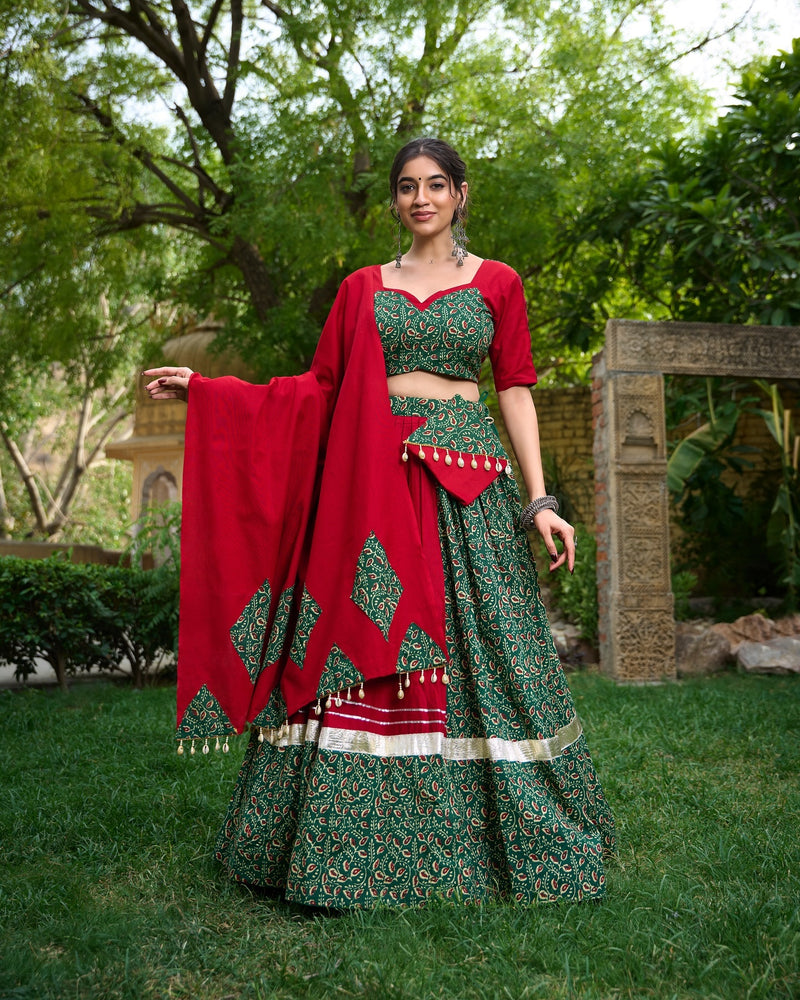 Green Color Pure Cotton Gotta Patti Work Navratri Lehenga Choli Ready To Wear Set