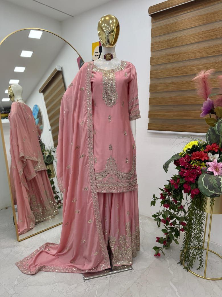 Pink Color Embroidery with Sequins Work Sharara Suit