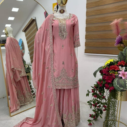 Pink Color Embroidery with Sequins Work Sharara Suit