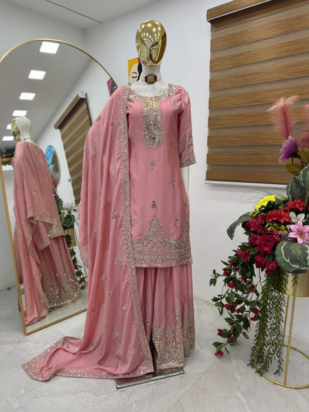 Pink Color Embroidery with Sequins Work Sharara Suit