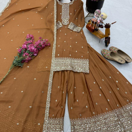 Brown Color Embroidery with Sequins Work Sharara Suit