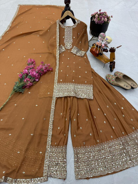 Brown Color Embroidery with Sequins Work Sharara Suit