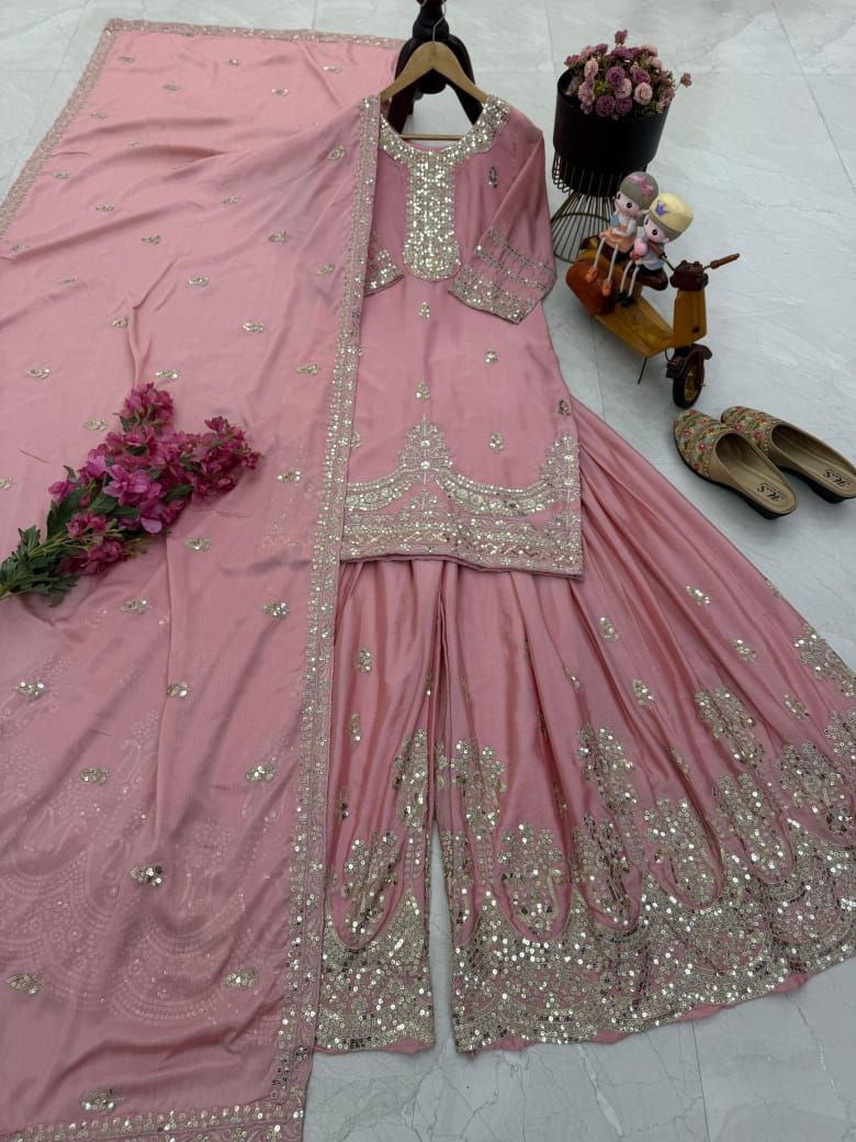 Pink Color Embroidery with Sequins Work Sharara Suit
