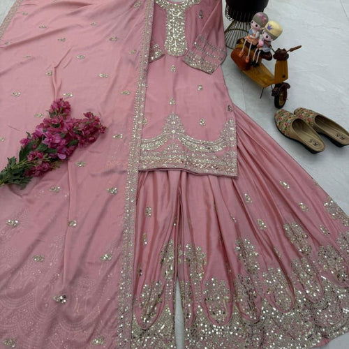 Pink Color Embroidery with Sequins Work Sharara Suit