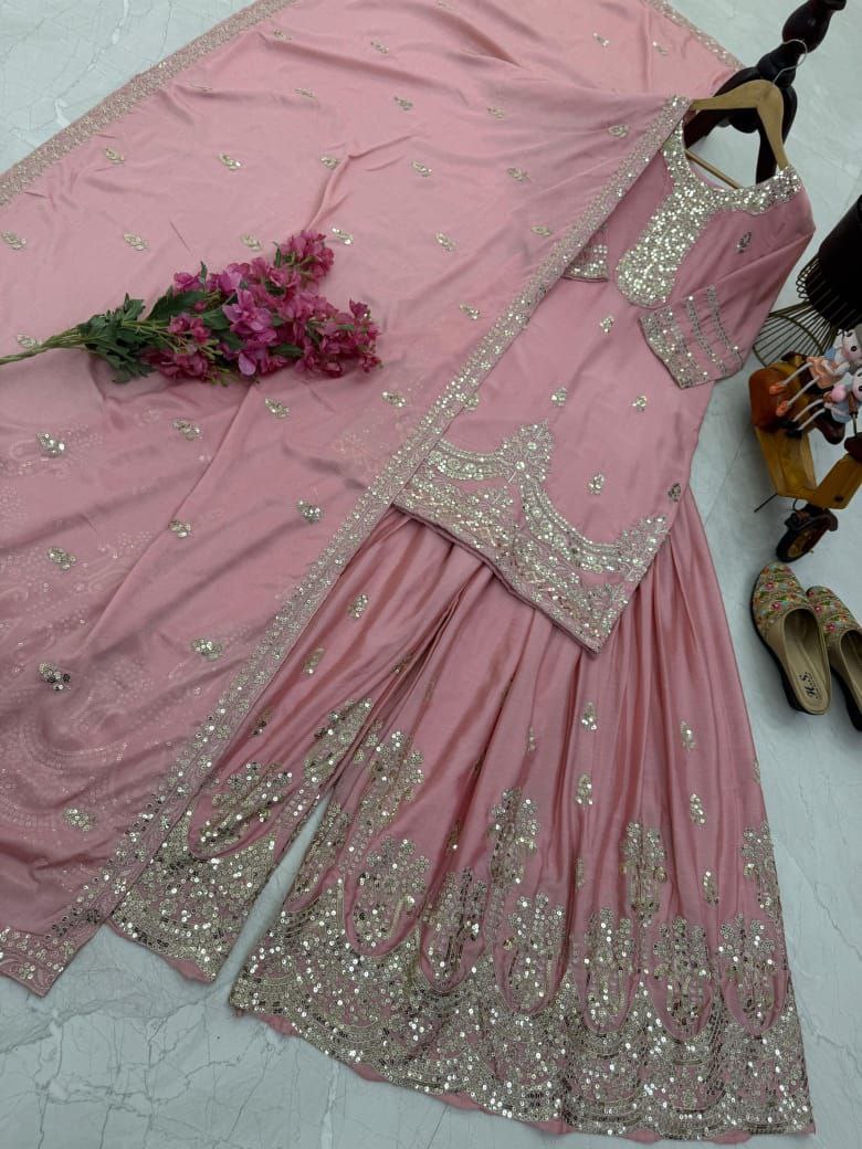 Pink Color Embroidery with Sequins Work Sharara Suit