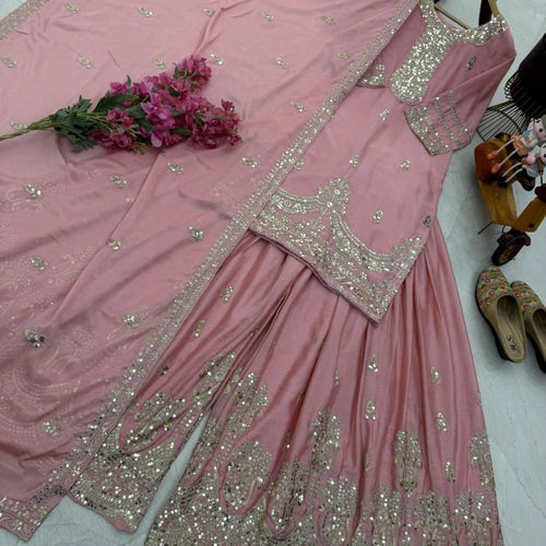 Pink Color Embroidery with Sequins Work Sharara Suit
