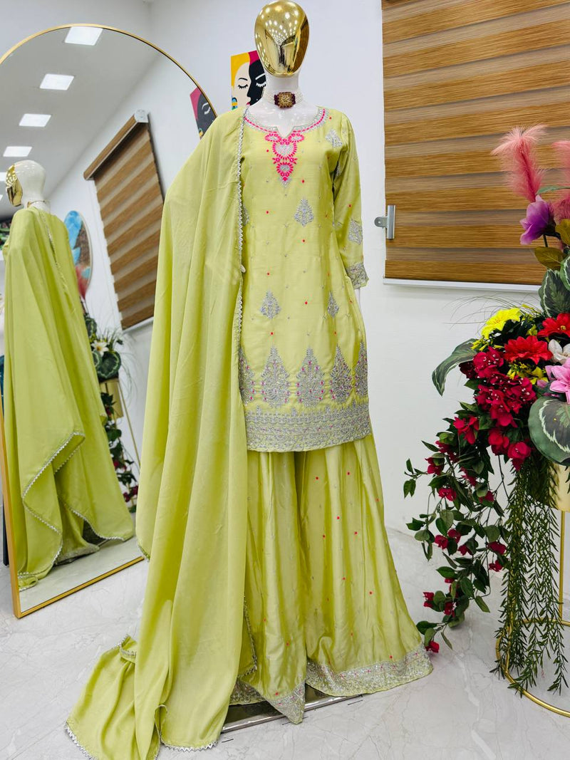Parrot Color Embroidery with Sequins Work Sharara Suit