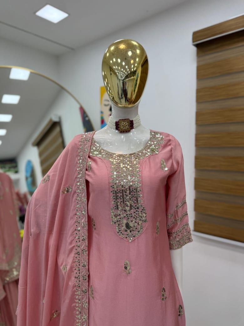 Pink Color Embroidery with Sequins Work Sharara Suit