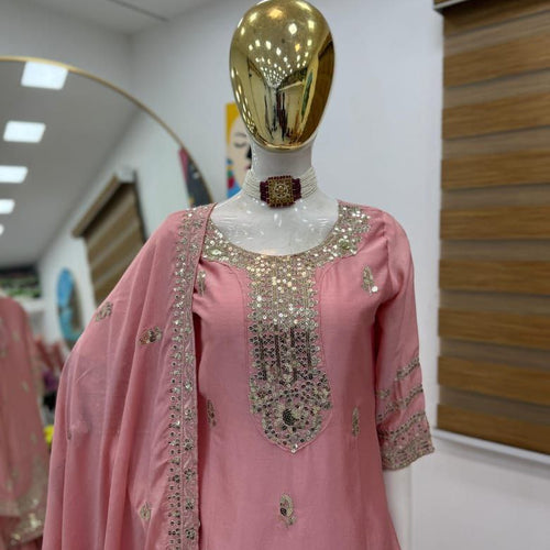 Pink Color Embroidery with Sequins Work Sharara Suit