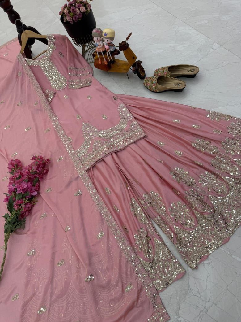 Pink Color Embroidery with Sequins Work Sharara Suit