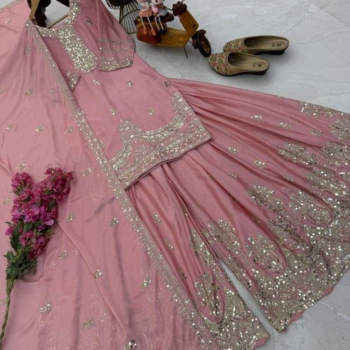 Pink Color Embroidery with Sequins Work Sharara Suit