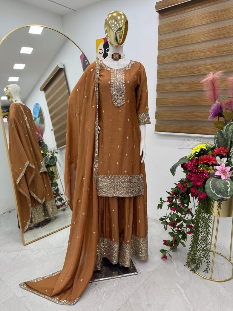 Brown Color Embroidery with Sequins Work Sharara Suit