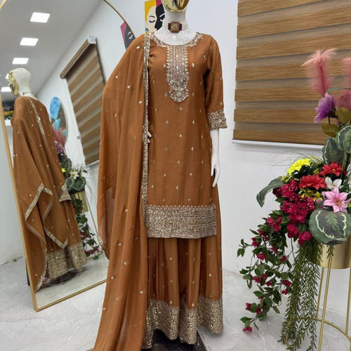 Brown Color Embroidery with Sequins Work Sharara Suit