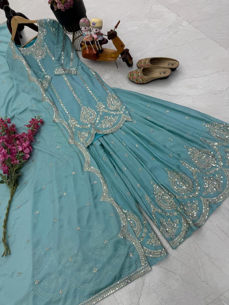 Sky Blue Color Embroidery with Sequins Work Sharara Suit