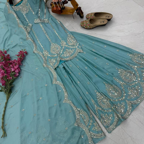 Sky Blue Color Embroidery with Sequins Work Sharara Suit