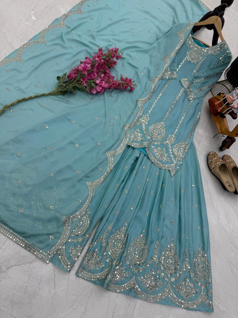 Sky Blue Color Embroidery with Sequins Work Sharara Suit