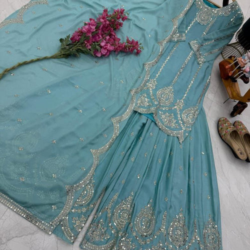 Sky Blue Color Embroidery with Sequins Work Sharara Suit