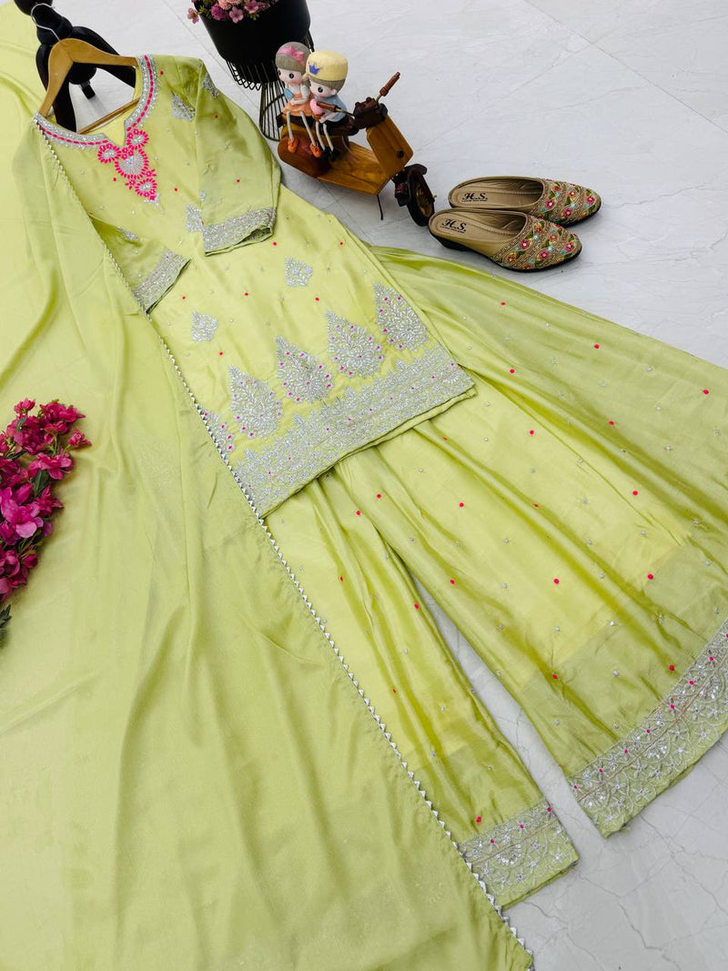 Parrot Color Embroidery with Sequins Work Sharara Suit