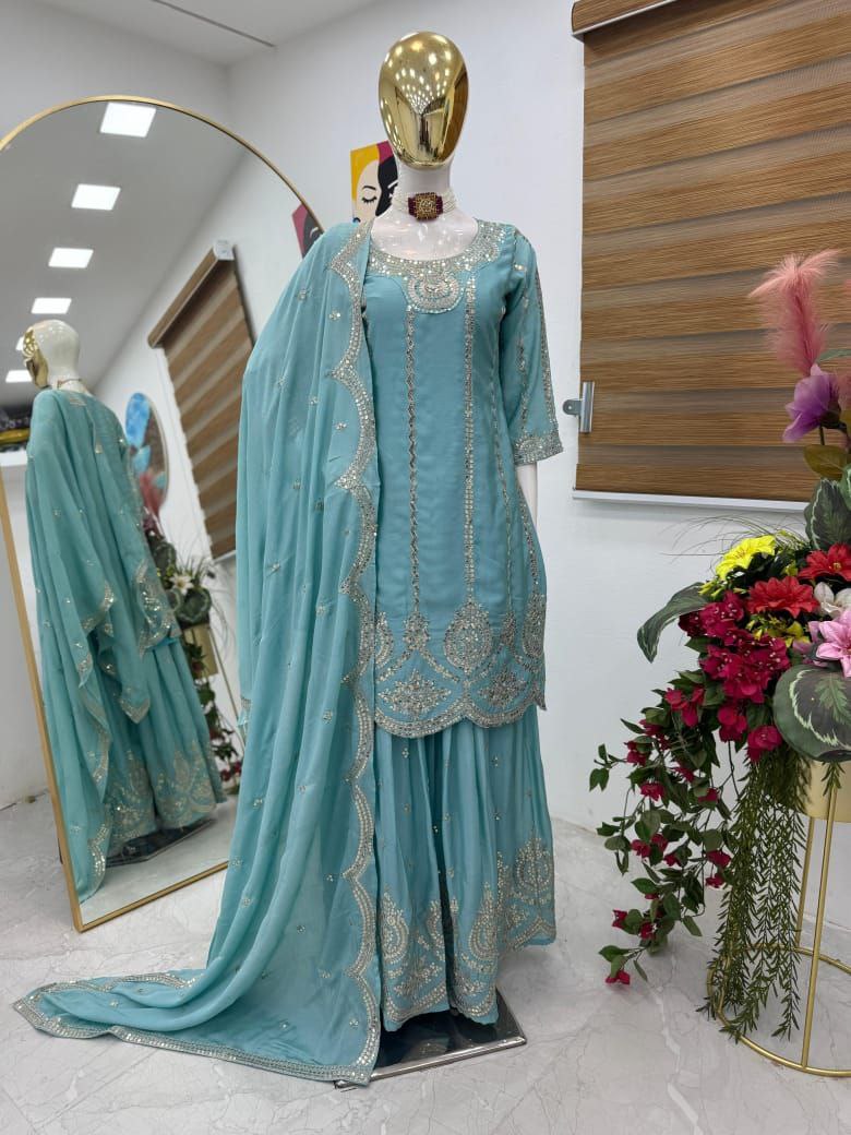 Sky Blue Color Embroidery with Sequins Work Sharara Suit