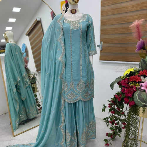 Sky Blue Color Embroidery with Sequins Work Sharara Suit