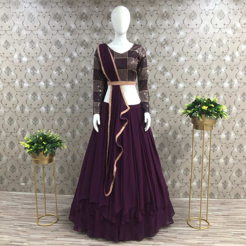 Purple Color Georgette Designer Wedding Wear Sequence Work Lehenga Set