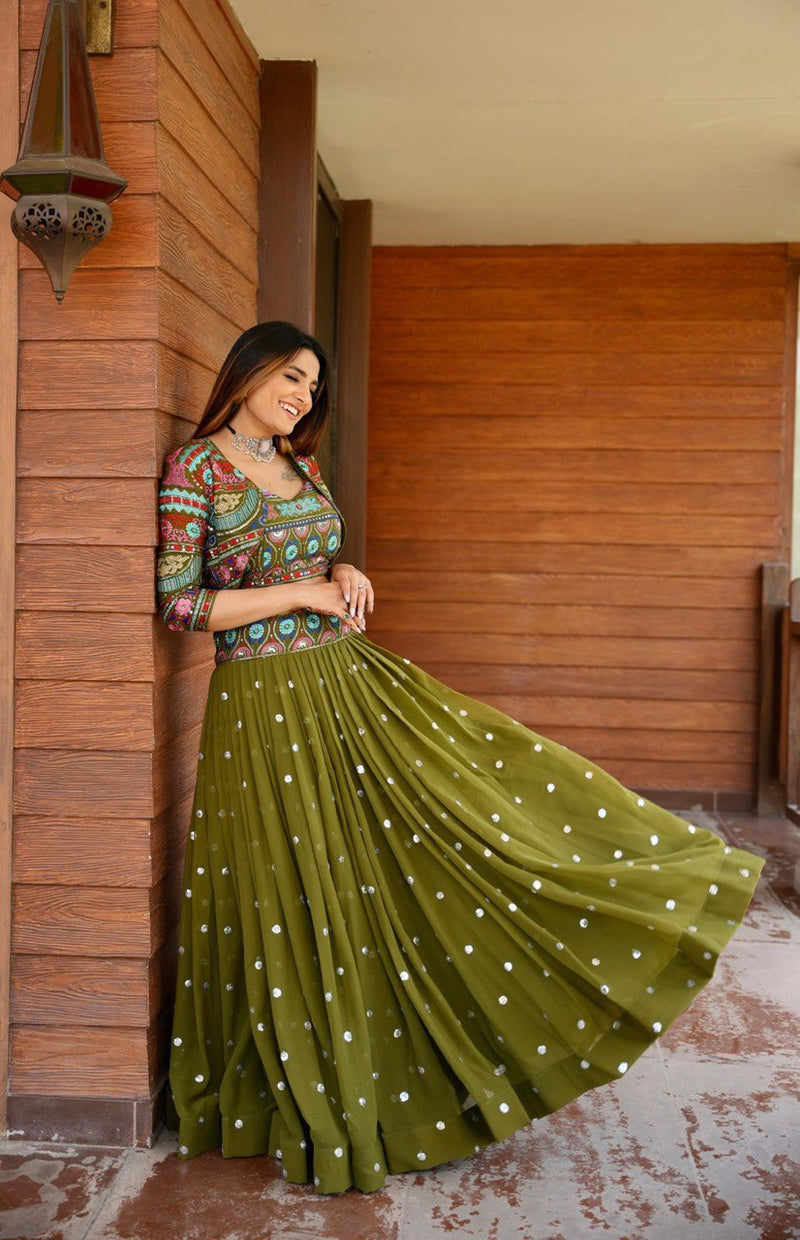Buy infloura Wedding Speciel Olive Green Colour Net Fabric Lehenga Choli  Set Made by Sequins 3mm Work, And Embroidery Coding Zari Work. at Amazon.in