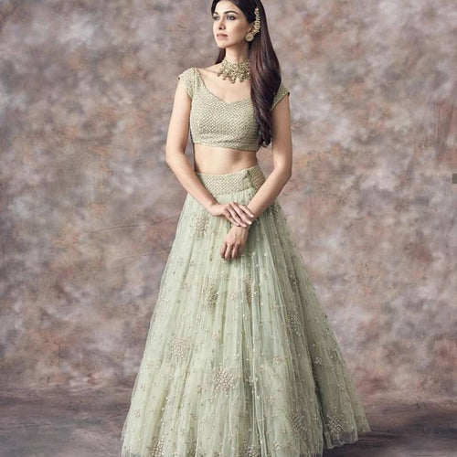 Pista Green Color Sequins Embroidery Work Net Designer Lehenga