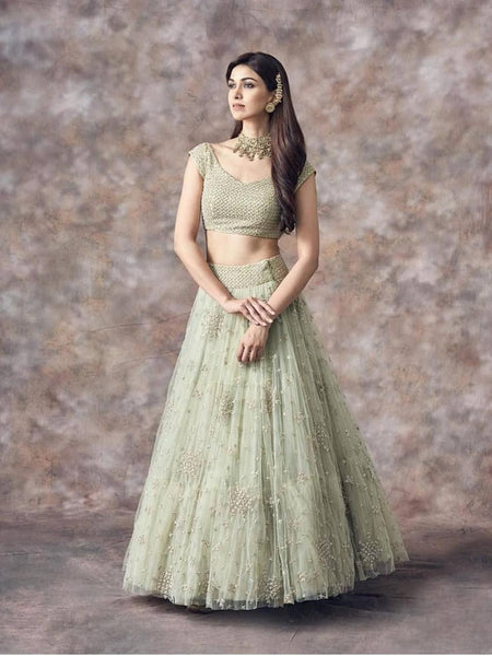 Pista Green Color Sequins Embroidery Work Net Designer Lehenga