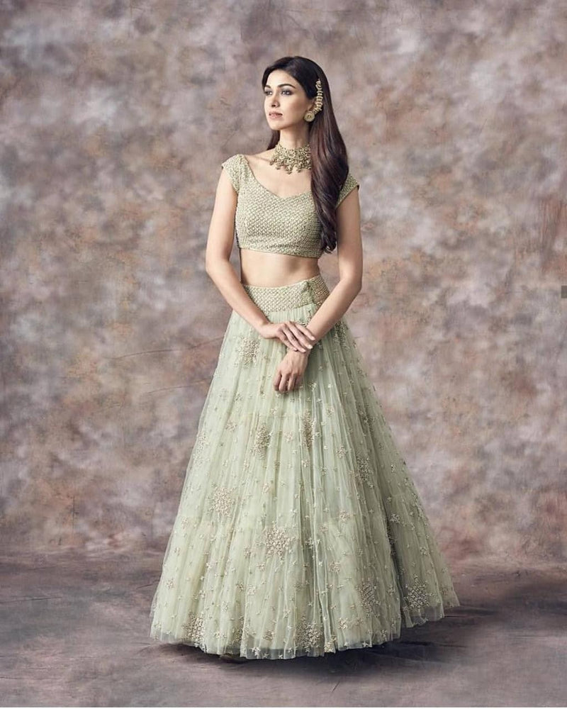 Pista Green Color Sequence Embroidery Work Net Designer Lehenga