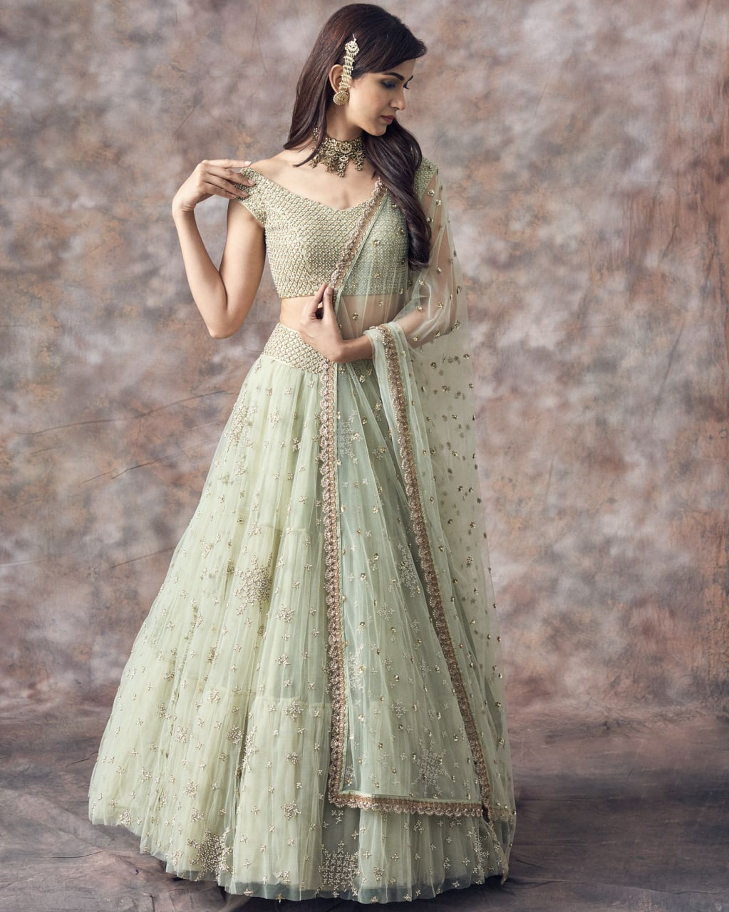Pista Green Color Sequins Embroidery Work Net Designer Lehenga
